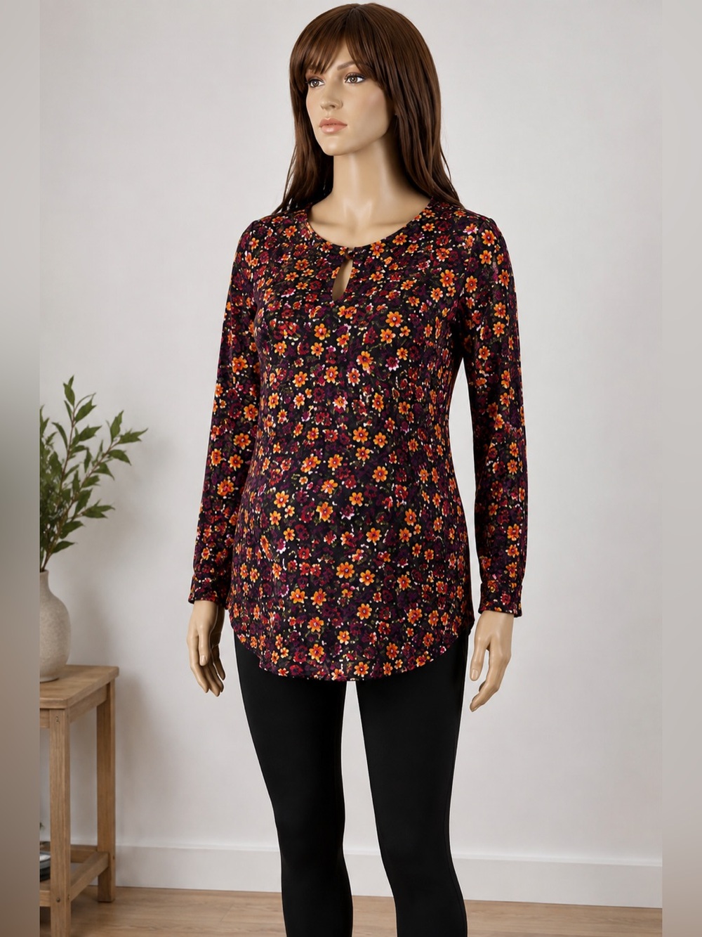 Chaus Black Floral Long Sleeve Tunic Top Women’s Orange Pink Print Keyhole L